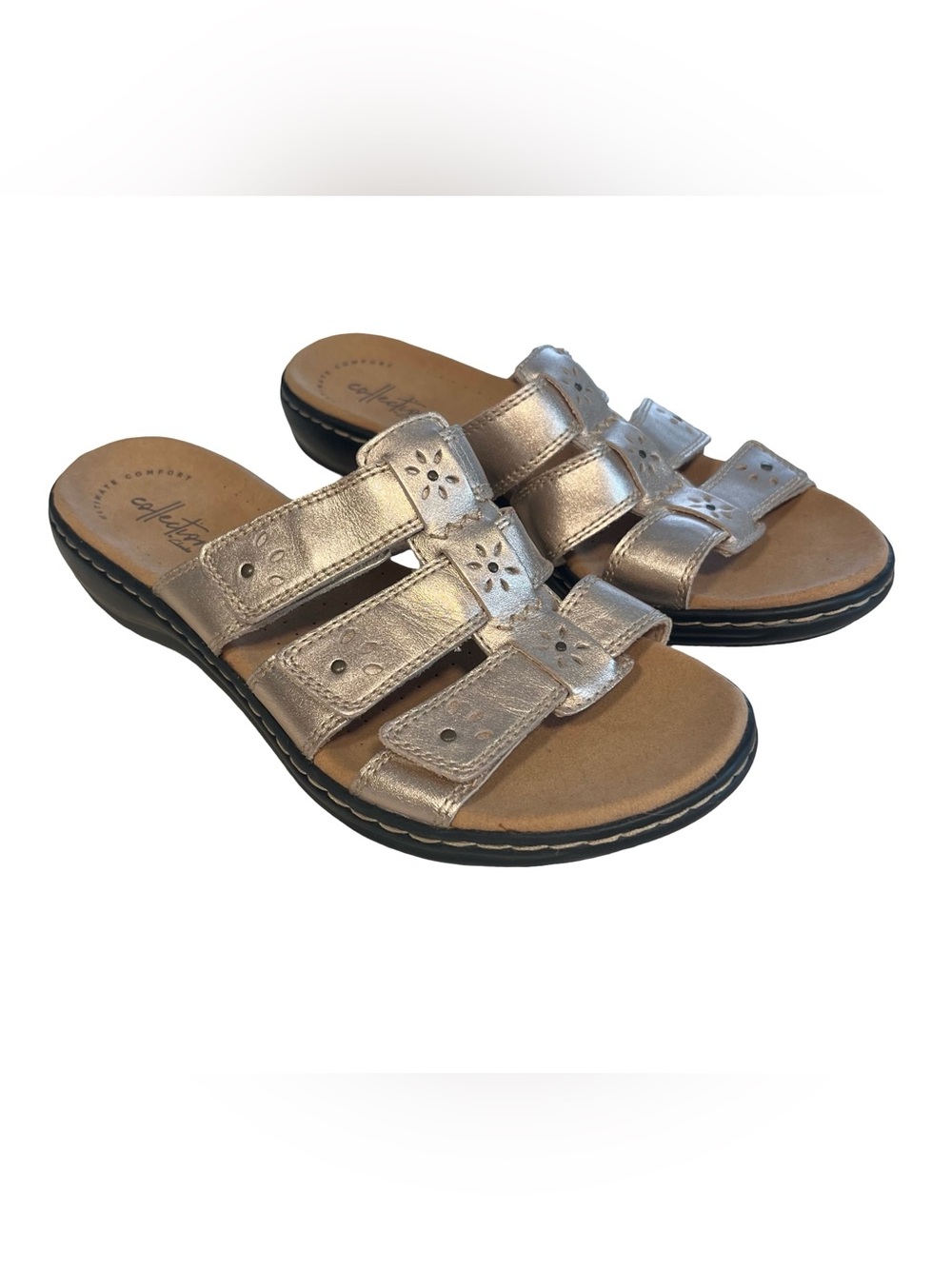 NEW CLARKS COLLECTION Leisa Spring Rose Gold Sz 8.5 Leather Comfort Slide Sandal